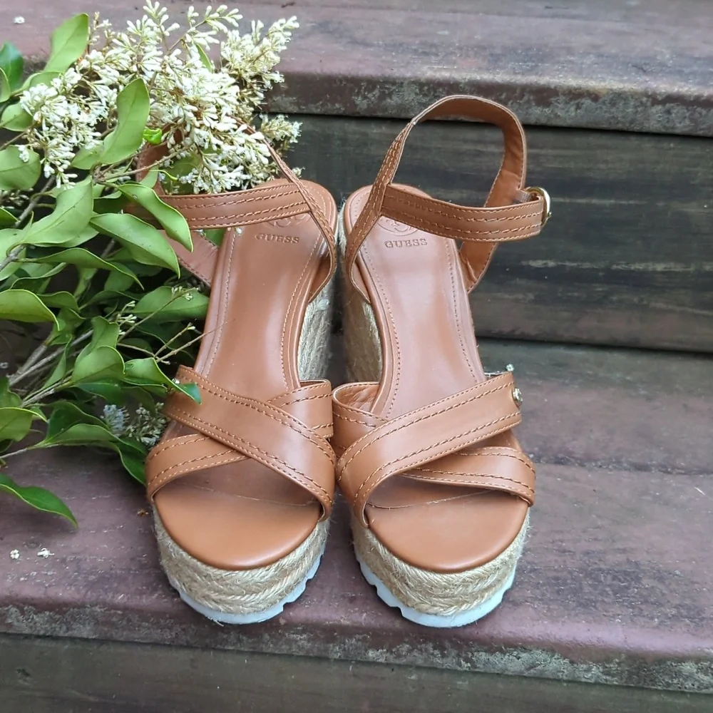 Guess Genisi Tan Espadrille Wedge Platform Sandals SZ 9.5 Summer Casual High‎